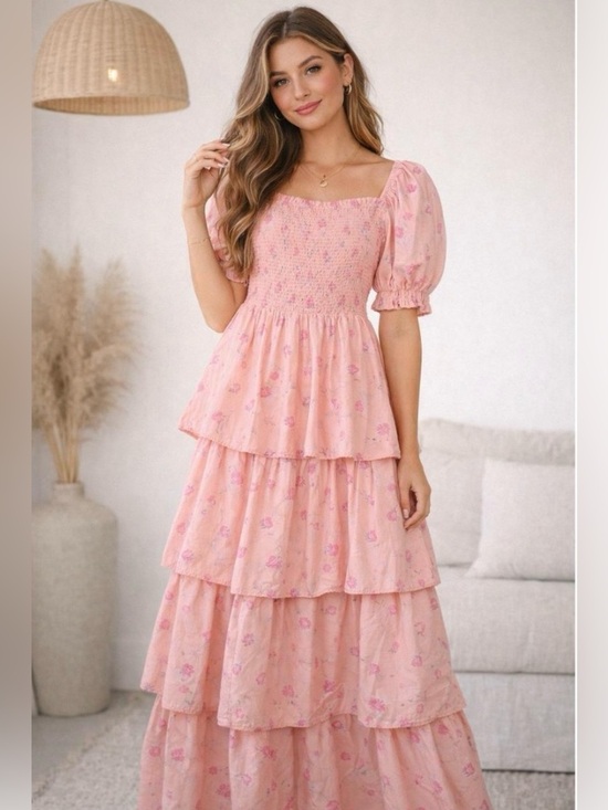 LoveShackFancy Dresses & Skirts - LoveShackFancy Pink Floral Smocked Puff-Sleeve Tiered Maxi Dress